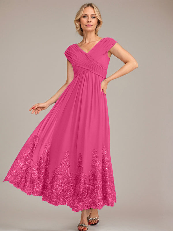A-Linien V-Ausschnitt Knöchellanges Chiffon Kleid der Brautmutter mit Applikationen und Pailletten