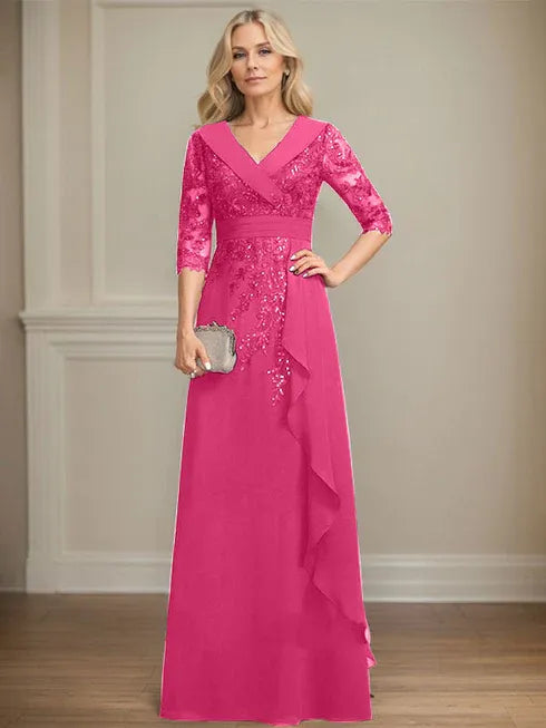 A-Linien Kleid mit Kragen, V-Ausschnitt, bodenlang, aus Spitze und Chiffon, Mutter der Braut Kleid mit Pailletten und fallenden Rüschen