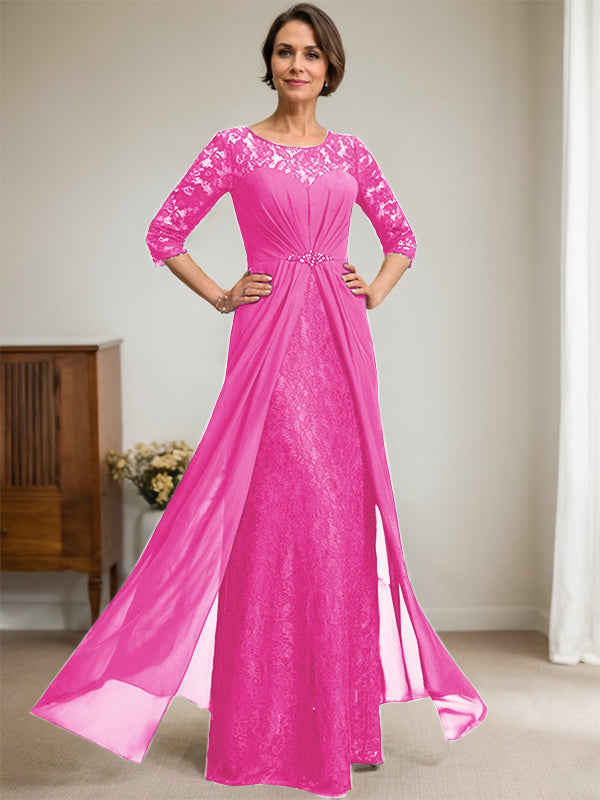 A-Linien Rundhalsausschnitt Illusions-Bodenlanges Spitzen-Chiffonkleid für die Brautmutter mit Perlen und Volants
