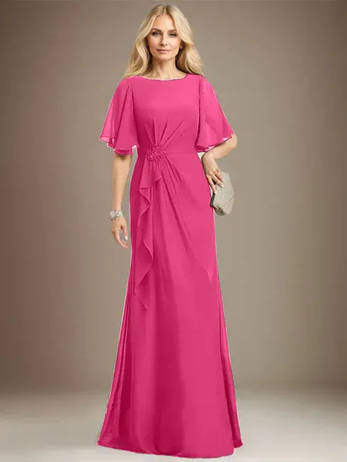 A-Linien Rundhals bodenlanges Chiffon Mutter der Braut Kleid mit kaskadierenden Rüschen Perlen Pailletten