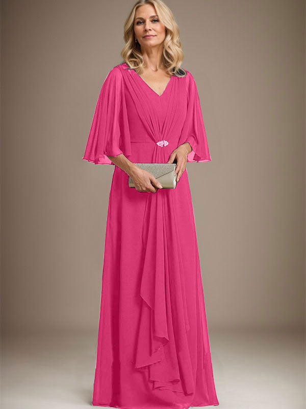 A-Linien V-Ausschnitt Bodenlanges Chiffon Kleid für die Brautmutter mit kaskadierenden Rüschen und Kristallbrosche
