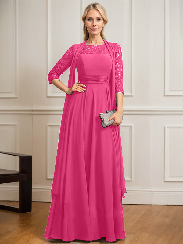 A-Linien Kleid mit Rundhalsausschnitt, Illusion, bodenlang aus Spitze und Chiffon, Mutter-der-Braut-Kleid mit Faltenwurf