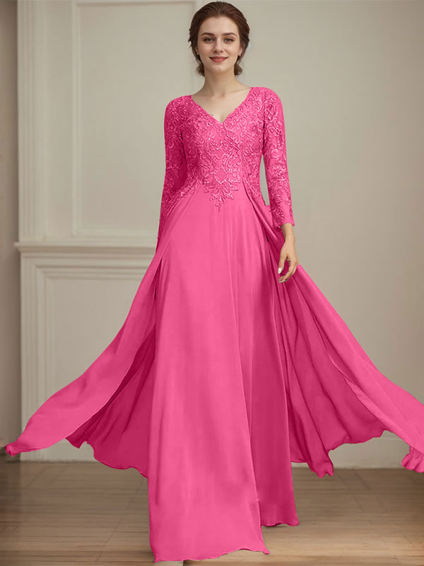 A-Linien V-Ausschnitt Bodenlanges Spitzen-Chiffon Kleid für die Brautmutter mit Pailletten