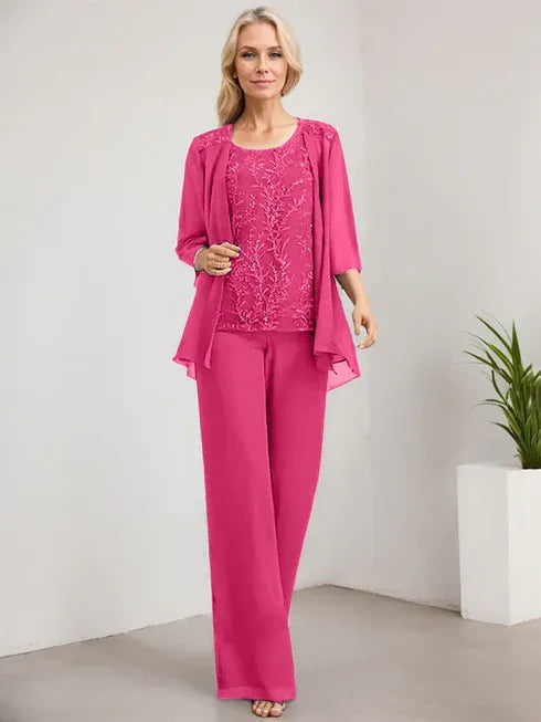Zweiteiler Jumpsuit/Hosenanzug U-Ausschnitt bodenlanges Spitzen Chiffon Mutter der Braut Kleid mit Pailletten