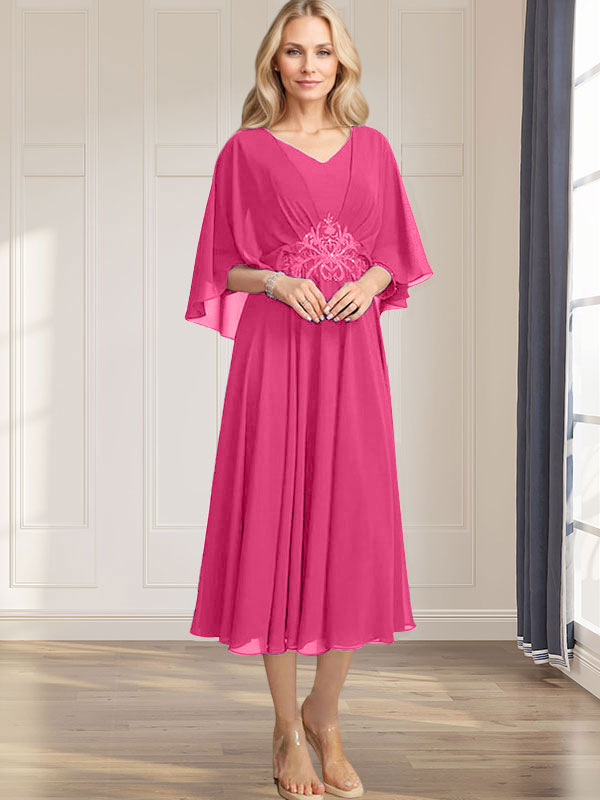 Robe de mère de la mariée en mousseline, longueur thé, col en V, en ligne A, avec appliques plissées, sequins, dentelle et perles