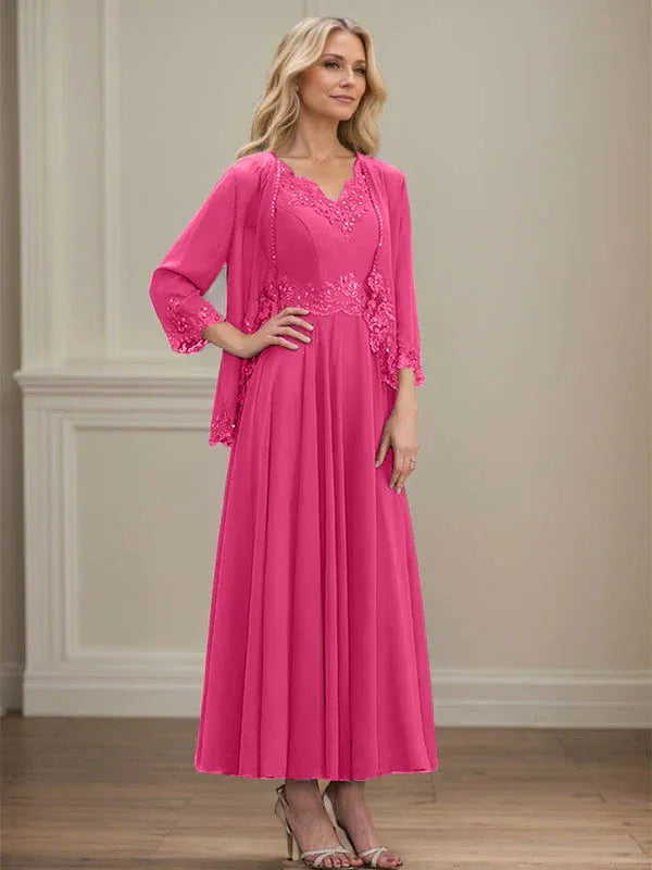 A-Linien Kleid mit V-Ausschnitt, knöchellang, aus Chiffon, Mutter der Braut Kleid mit Pailletten, Applikationen, Spitze und Perlenbesatz