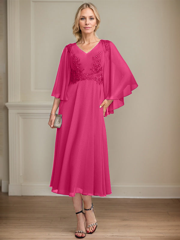 A-Linien-Brautmutterkleid aus Chiffon, V-Ausschnitt, tea-length mit Spitze, Pailletten und Perlen