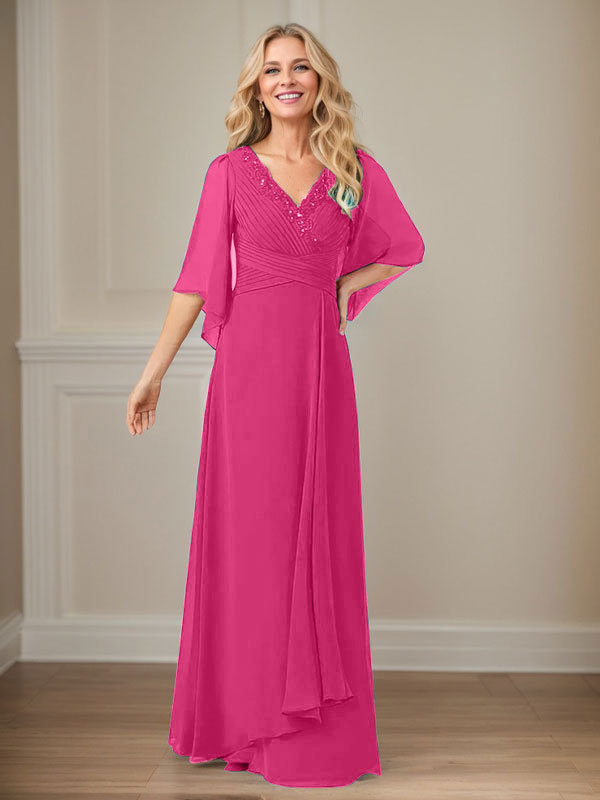 A-Linien V-Ausschnitt langes Pailletten-Chiffon Mutterkleid