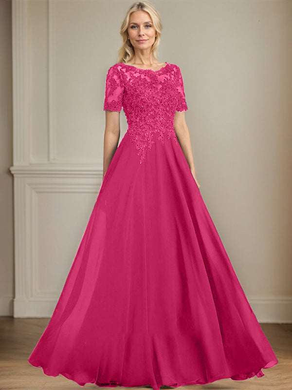 A-Linien Rundhals Illusions-Bodenlanges Chiffon-Spitzenkleid für die Mutter der Braut mit Pailletten und Perlen