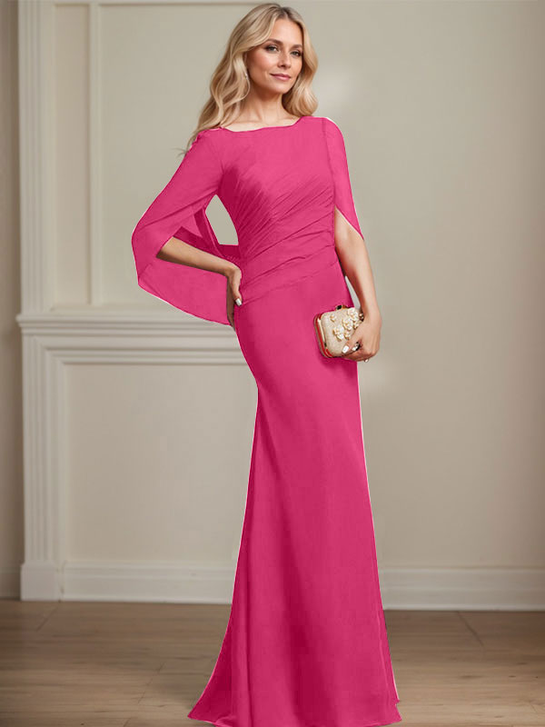 Trompeten-/Meerjungfrauen-Chiffonkleid mit Bootsausschnitt, bodenlang, plissiert, Brautmutterkleid