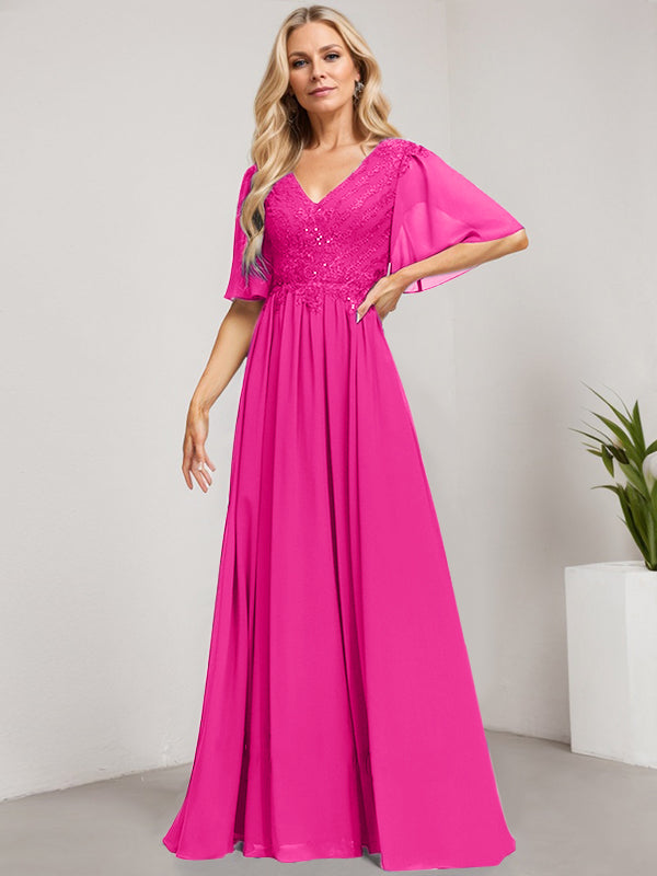 Robe mère de la mariée ligne A col en V longue en dentelle et chiffon avec sequins