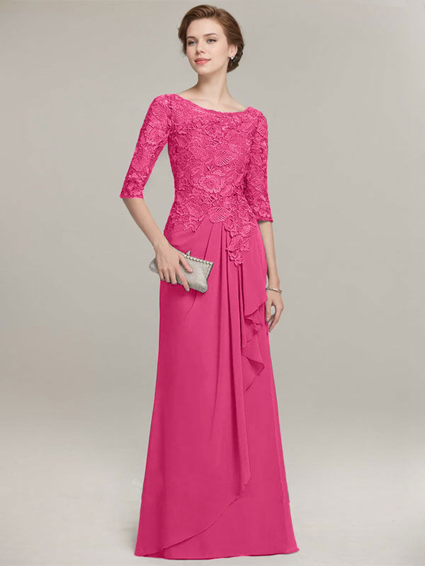 A-Linien Rundhalsausschnitt Illusions bodenlanges Spitzen-Chiffon Mutter der Braut Kleid mit kaskadierenden Rüschen
