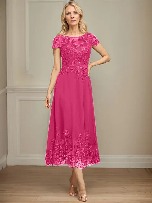 A-Linien Illusions Rundhals tea-langes Spitzenchiffon Mutter der Braut Kleid mit Pailletten