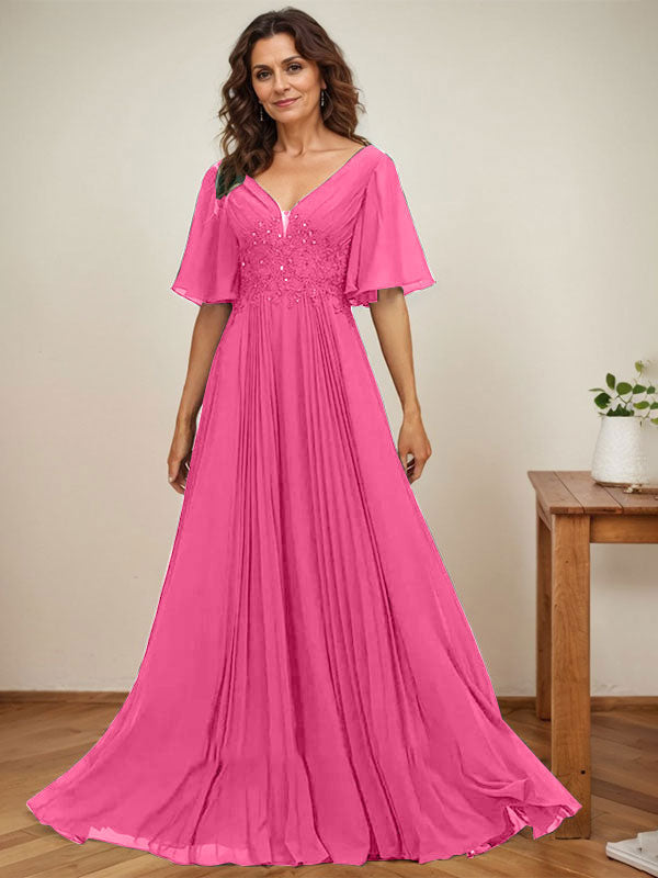 A-Linien V-Ausschnitt bodenlanges Chiffon Mutterkleid der Braut mit Pailletten-Applikationen, Spitze und Falten