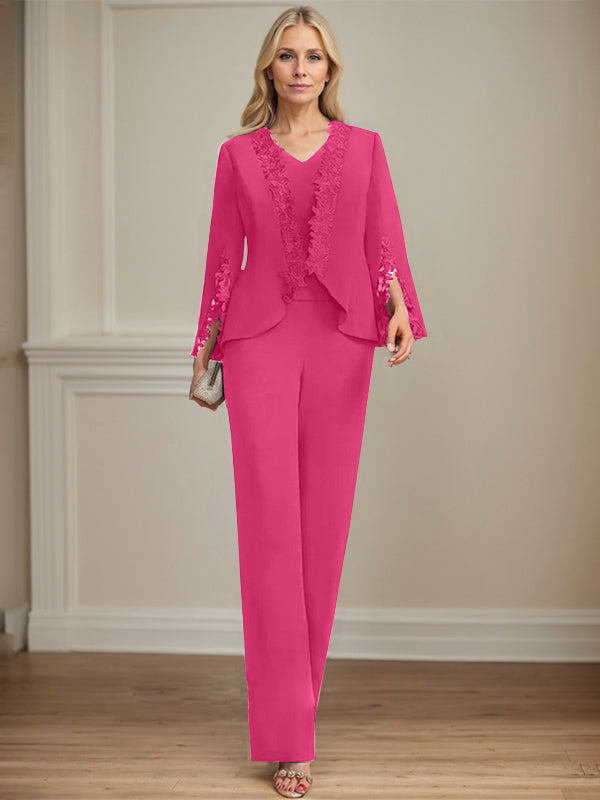Zweiteiler Jumpsuit/Hosenanzug V-Ausschnitt bodenlanges Chiffon Mutter der Braut Kleid