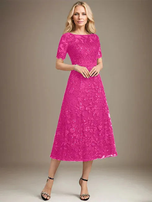 A-Linien Rundhals Illusions-Tea-Length Spitzenkleid der Brautmutter mit Pailletten
