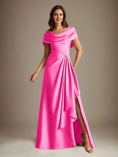 A-Linien-Kleid mit Rundhalsausschnitt, bodenlang, aus Stretch-Satin, Brautmutterkleid mit fallenden Rüschen