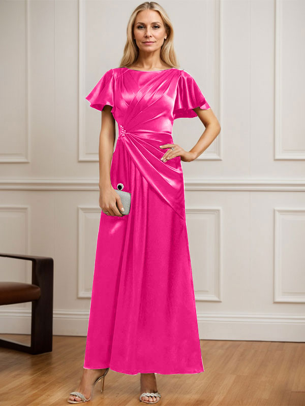 A-Linien Rundhals Knöchellanges Stretch Satin Mutter der Braut Kleid mit Plissierten Perlen