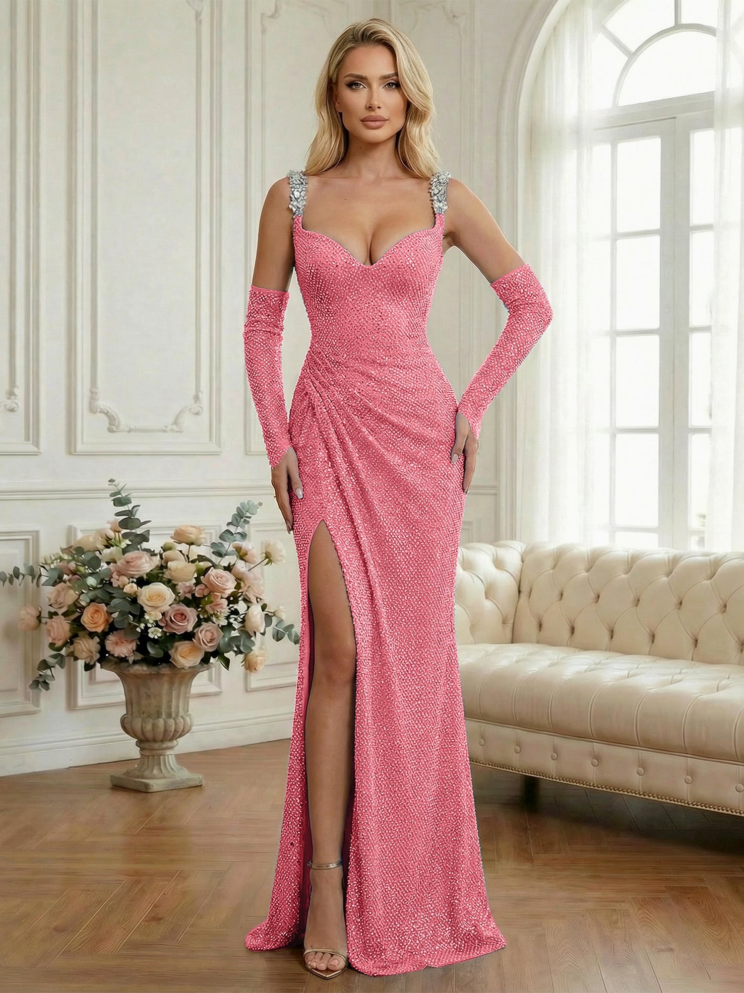 Light Blue Sequin Mermaid Matching Opera Gloves Long Prom Dress with Slit