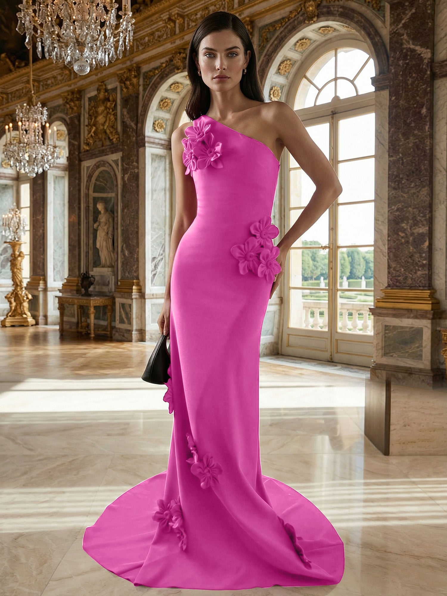 A Line One Shoulder Sleeveless Floor Length Stretch Crepe Dress With 3D Flowers