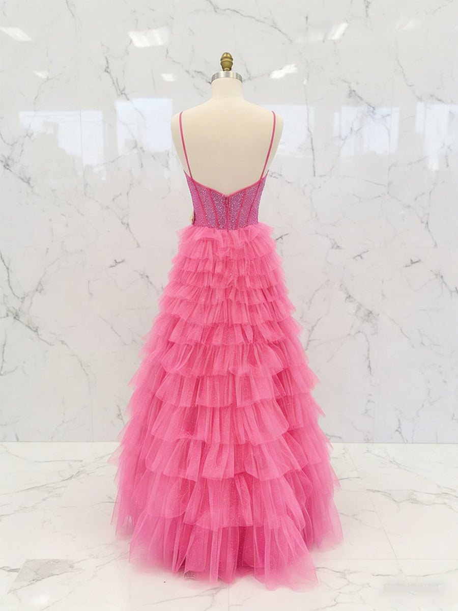 Vestido longo de baile rosa choque com corpete de cristal e babados em camadas