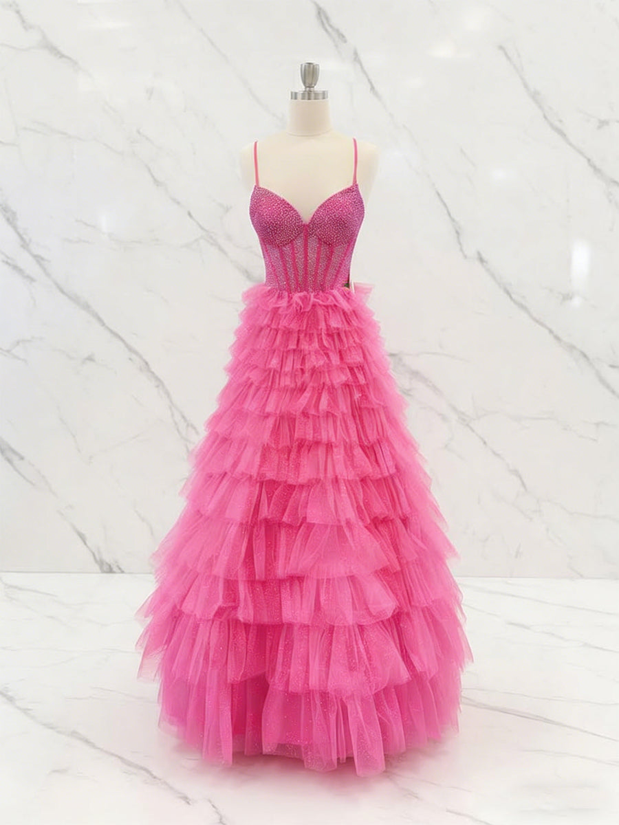 Vestido longo de baile rosa choque com corpete de cristal e babados em camadas