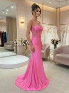 Hot Pink Floral Lace Satin Corset Mermaid Long Prom Dress