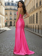 Hot Pink Satin Strapless Cutout Long Prom Dress with Slit