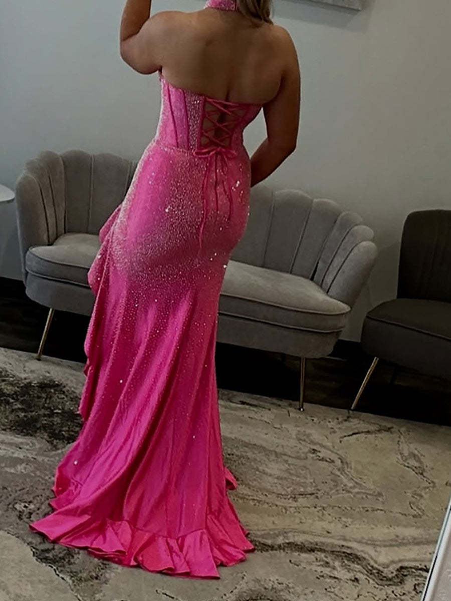 Hot Pink Sparkle Halter Corset Prom Dress with Ruffle Slit