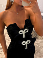 Hot Pink Strapless Bow Embellished Mermaid Prom Dress