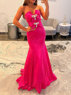 Hot Pink Strapless Bow Embellished Mermaid Prom Dress