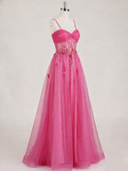 Hot Pink Sweetheart Sequins 3D Floral Tulle Prom Dress