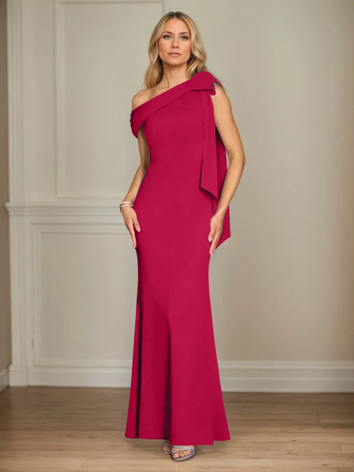 Trumpet/Mermaid Ein-Schulter Ärmelloses Stretch-Crêpe Kleid für die Brautmutter mit Schleife