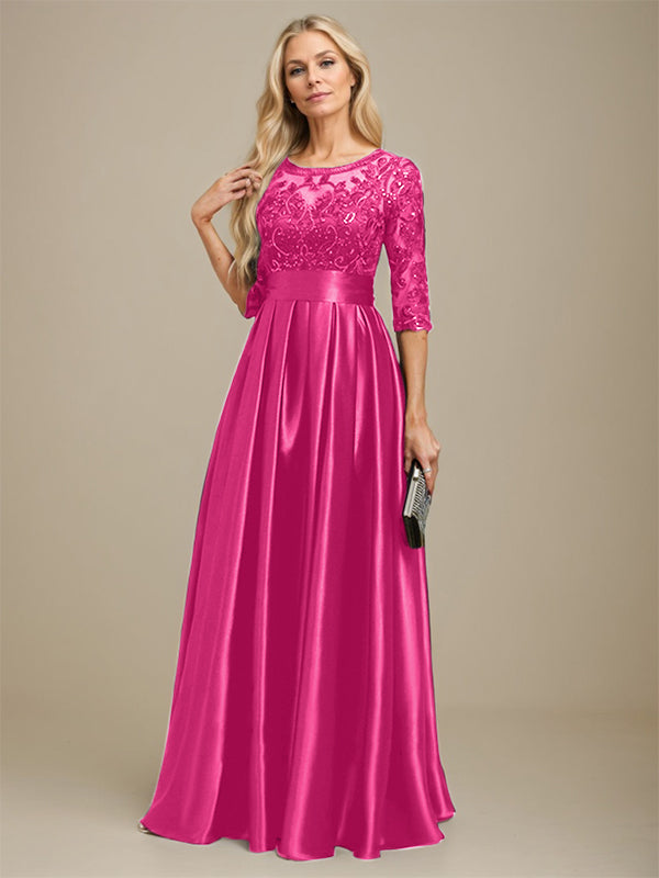 A-Linien Ausschnitt Illusions bodenlanges Stretch-Satin-Spitzenkleid für die Brautmutter mit Schleife und Pailletten