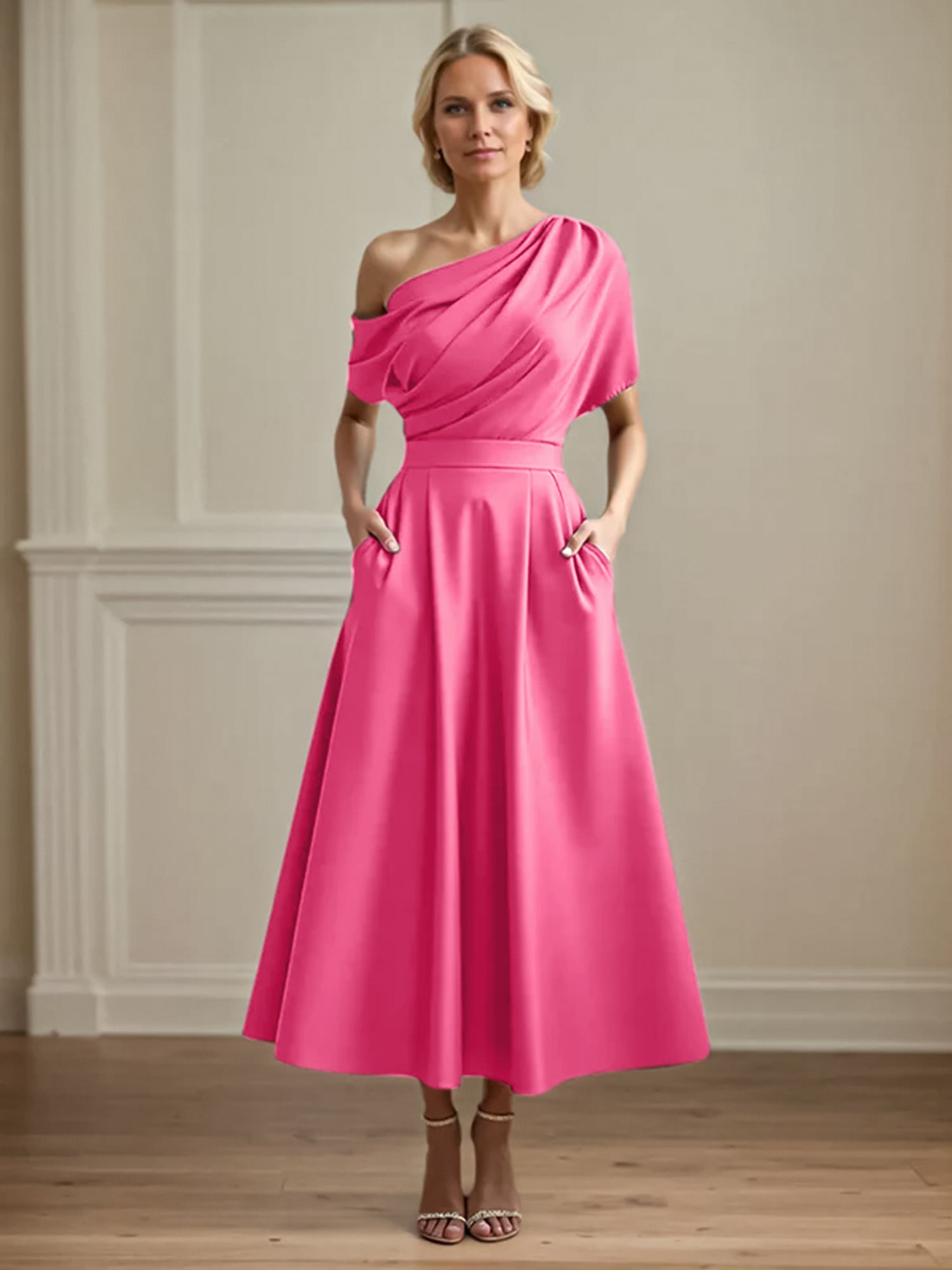 A Line Satin One Shoulder Pleated Ankle Length Mother of the Bride Dress