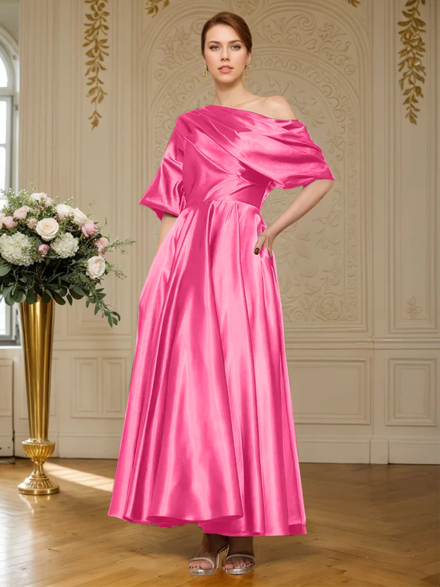 A-Linien Kurzarm plissiertes knöchellanges seidenähnliches Satin Kleid für die Brautmutter