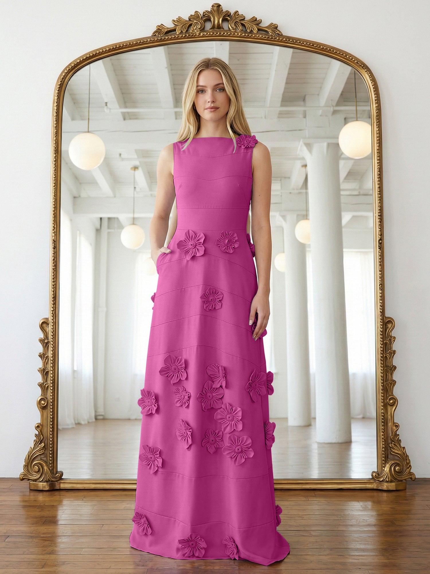 Lavendelfarbenes formelles Kleid mit U-Boot-Ausschnitt und herabfließenden 3D-Blumen