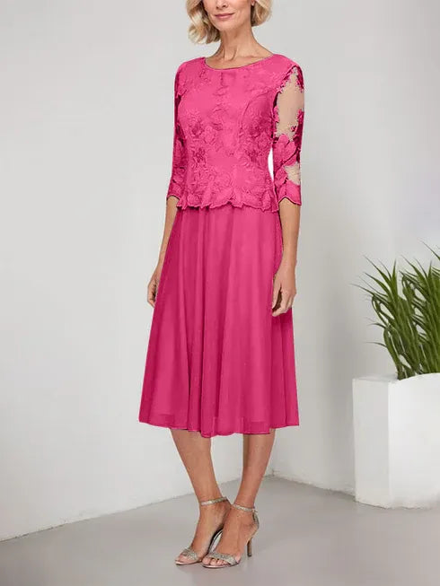 A-Linie Rundhals Tee-Länge Spitze Chiffon Mutter-der-Braut-Kleid mit Stickerei