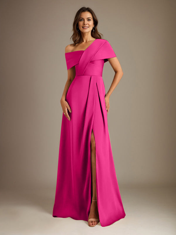 A-Linien asymmetrischer Ausschnitt bodenlanges Satin-Brautkleid für die Brautmutter mit Falten