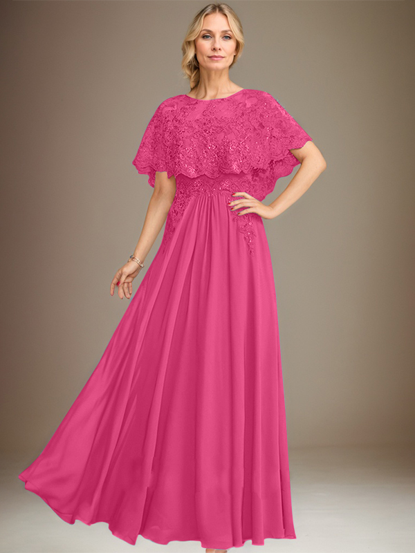 A-Linien Spitzen-Chiffon-Mutter-der-Braut-Kleid mit Bootsausschnitt, bodenlang und Applikations-Pailletten