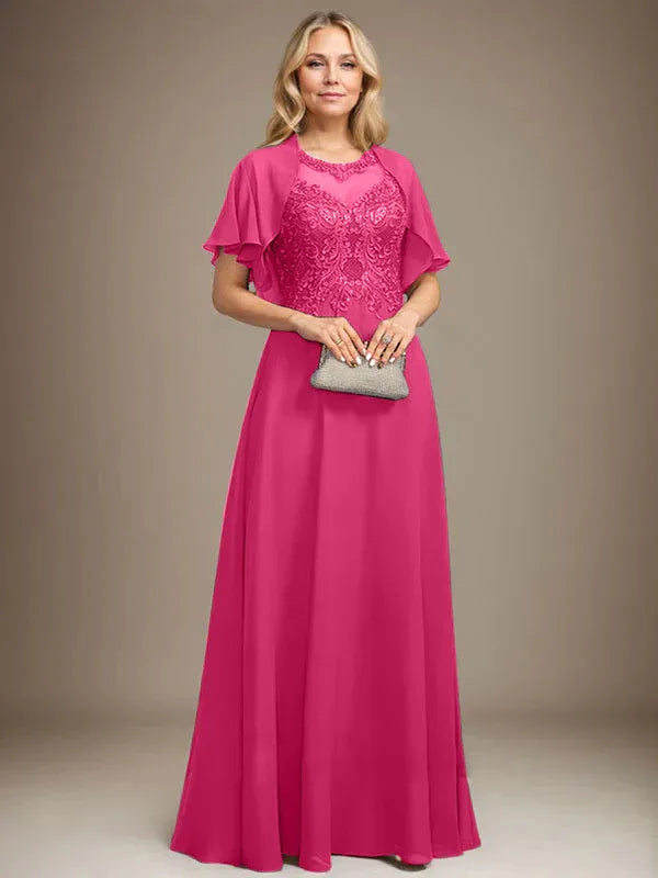 Vestido de madre de la novia de encaje y gasa con ilusión, escote redondo en línea A, largo hasta el suelo con lentejuelas