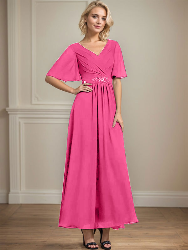 A-Linien V-Ausschnitt Knöchellanges Chiffon Kleid für die Brautmutter mit plissierten Perlen und Pailletten