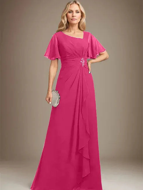 A-Linien asymmetrisches bodenlanges Chiffon Mutter-der-Braut-Kleid mit plissierten Perlen und Pailletten
