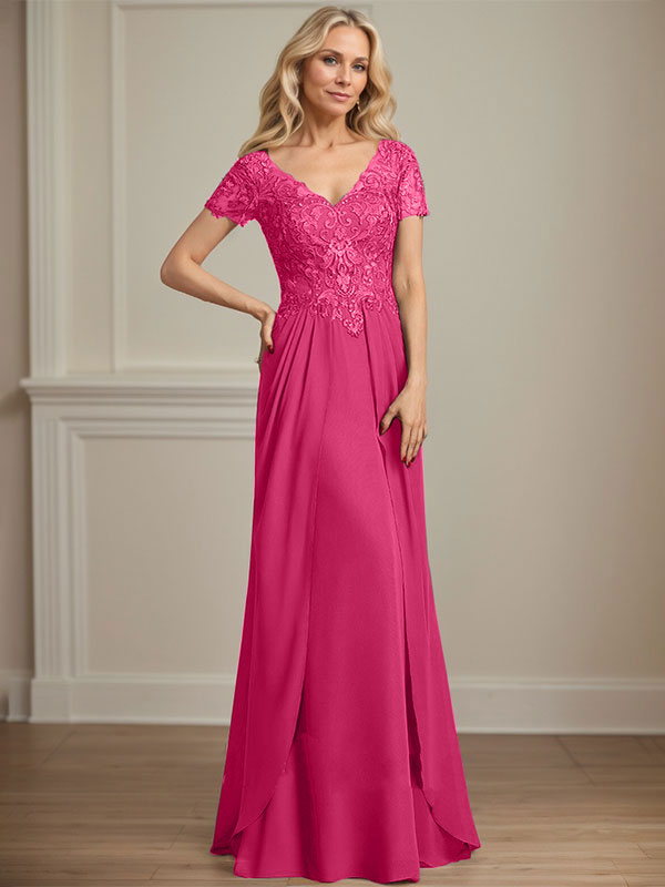 A-Linien Chiffon-Spitzen-Mutter-der-Braut-Kleid mit V-Ausschnitt, bodenlang