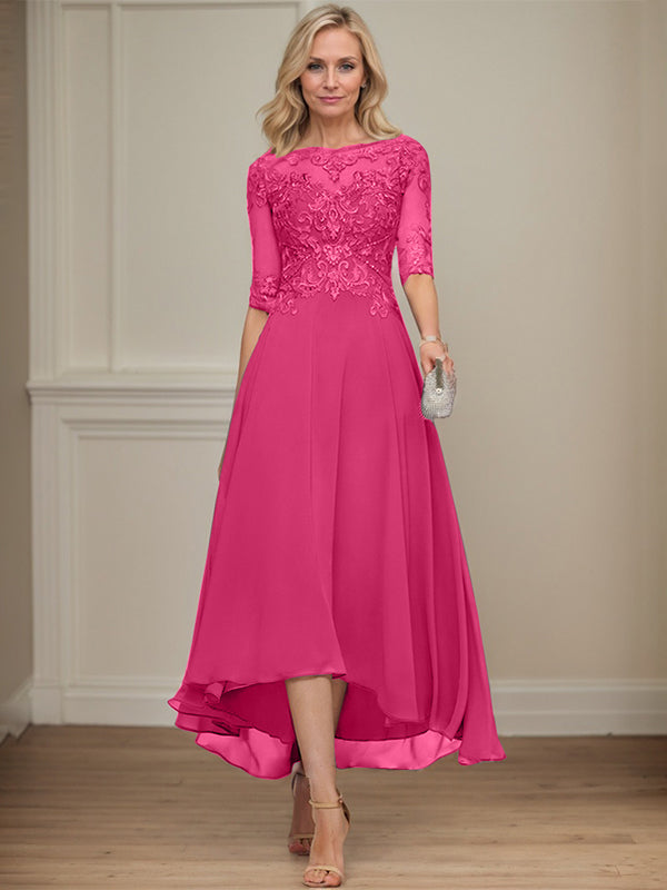 A-Linien Bootsausschnitt Illusionskleid mit asymmetrischem Chiffon-Spitzenstoff, Mutter-der-Braut-Kleid mit Paillettenperlen