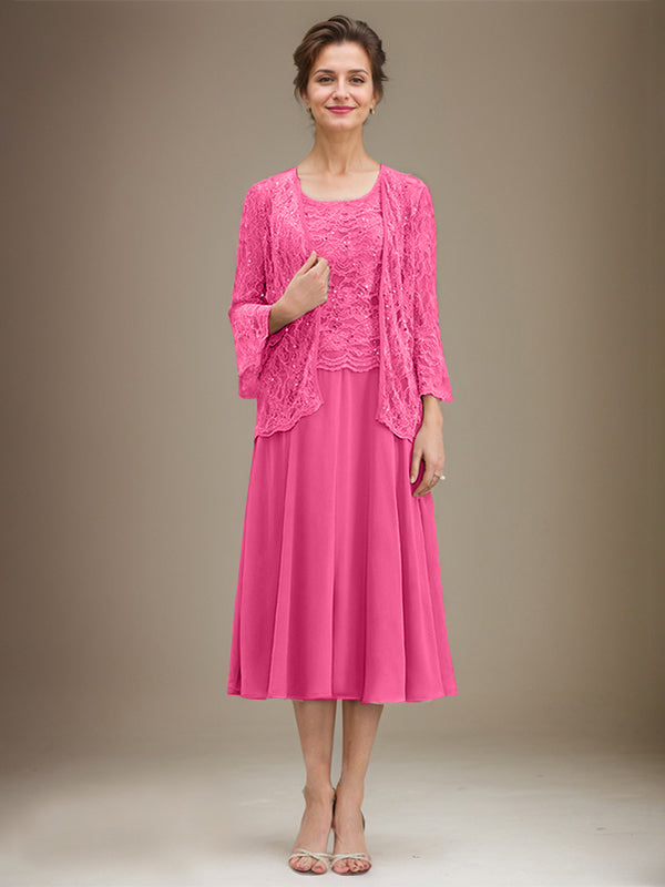 A-Linien Spitzen-Chiffon-Brautmutterkleid mit V-Ausschnitt, tea-length, mit Pailletten