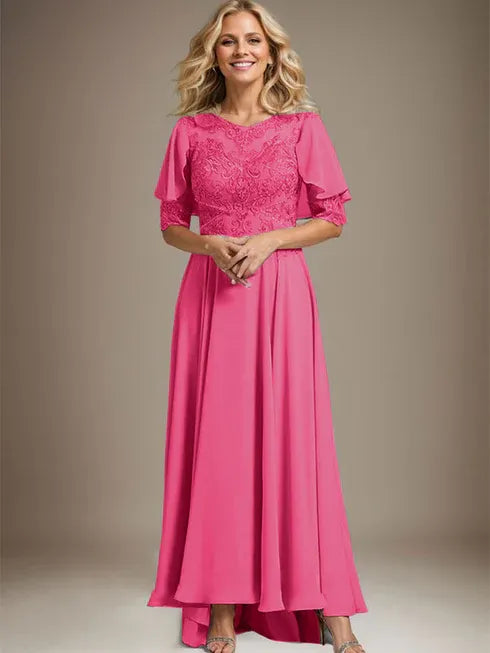 A-Linien Kleid mit Scoop-Ausschnitt, Illusion, asymmetrischem Chiffon und Spitzen, Mutter-der-Braut-Kleid mit Perlenbesatz