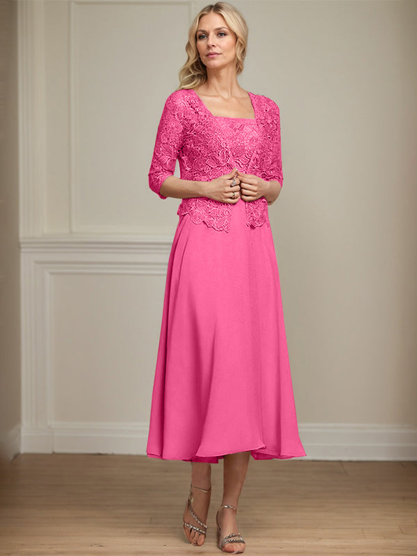 Robe de mère de la mariée en mousseline et dentelle ligne A longueur thé avec perles et sequins