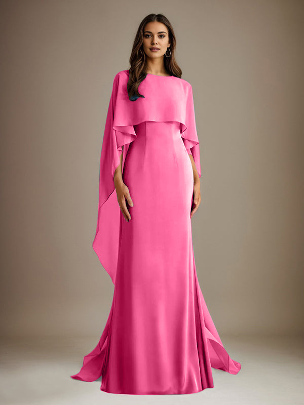 Etuikleid/Säulenkleid Bootsausschnitt bodenlanges Chiffon Mutter-des-Braut-Kleid mit kaskadierenden Rüschen
