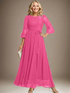 A-line Scoop Ankle-Length Lace Chiffon Mother of the Bride Dress With Bow